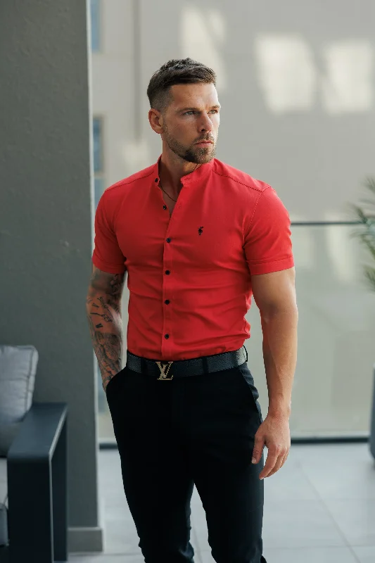 Relaxed Looks FS Super Slim Stretch Postbox Red Denim Short Sleeve with Grandad Collar - FS1141 Relaxed Looks FS Super Slim Stretch Postbox Red Denim Short Sleeve with Grandad Collar - FS1141