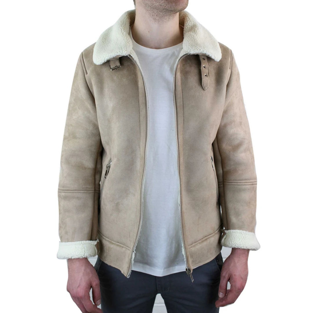 Casual Outerwear Men's Suede Sheepskin Faux Fur B3 Aviator Flying Jacket Cross Zip RAF