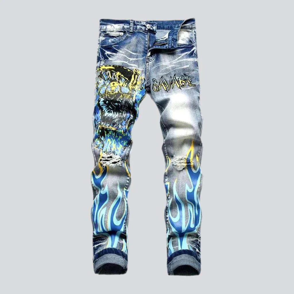 Comfy Tops Ripped blue flame print jeans
 for men