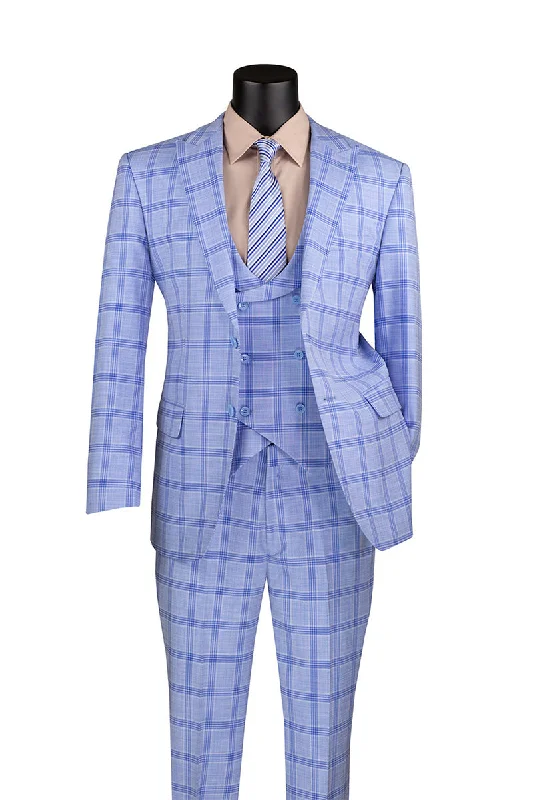 Versatile Wear Modern Fit Windowpane Suit 3 Piece with U-Neck Vest in Light Blue
