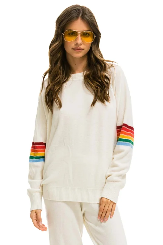 Trendy Sweaters RAINBOW STRIPE SLEEVE UNISEX CASHMERE LIGHT SWEATER - VINTAGE WHITE