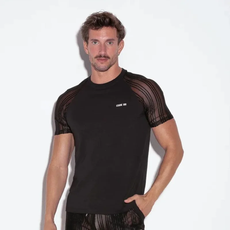Fall Fashion Code 22 mesh sheer stripe t-shirt 9631 black