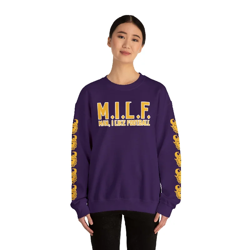 Comfy Tops Unisex Heavy Blend™ Crewneck - M.I.L.F + Game Day Helmet (Sleeves)