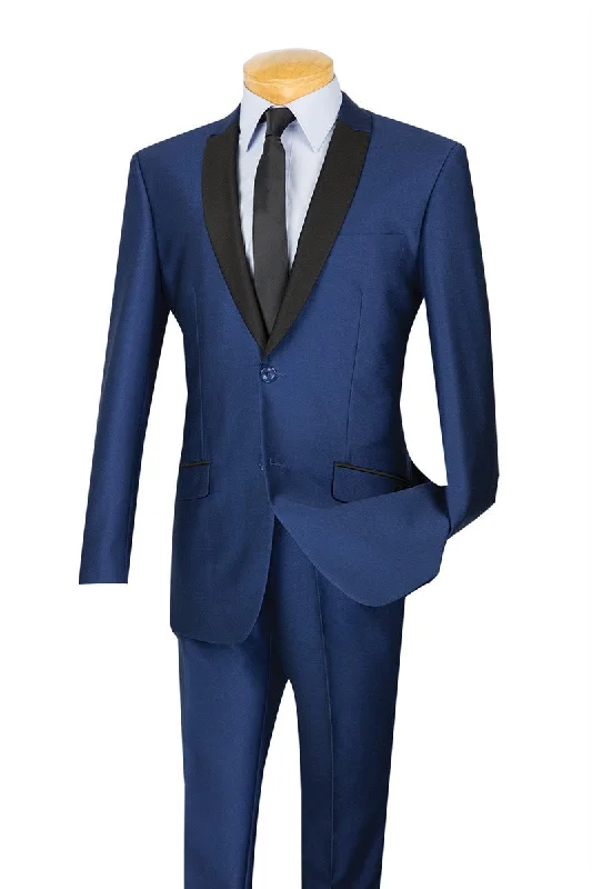 Smart Casual Wear Slim Fit Shiny Sharkskin Men's 2 Piece Suit in Navy