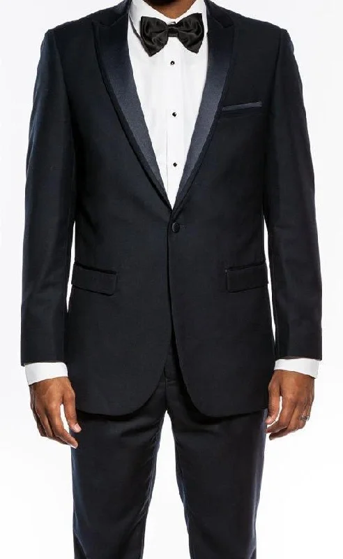Fashion Bottoms Navy Slim Fit 2 Piece Tuxedo With Satin Peak Lapel