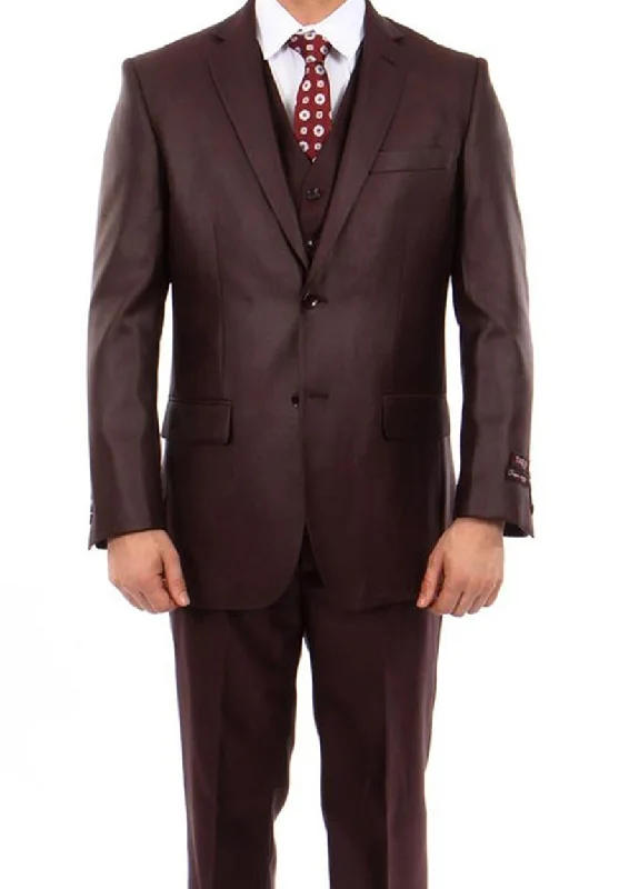 Lightweight Tops Burgundy 3 Piece Modern Fit Suit 2 Button V-Neck Vest