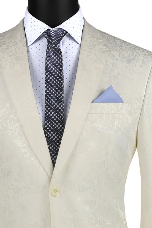 All-Day Wear Ivory Tone on Tone Paisley Pattern Slim Fit Men's 2 Piece Suit 2 Button