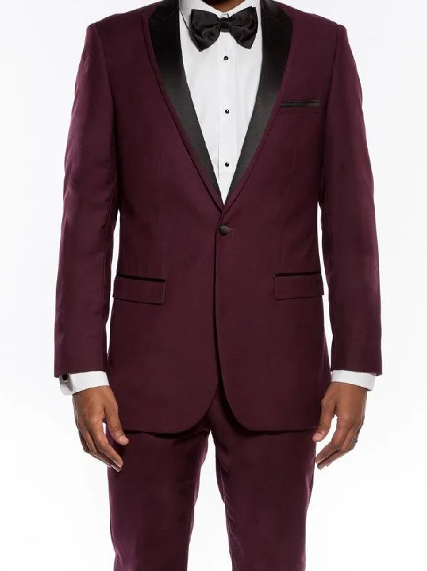 Street Outfit Burgundy Slim Fit 2 Piece Tuxedo With Satin Peak Lapel