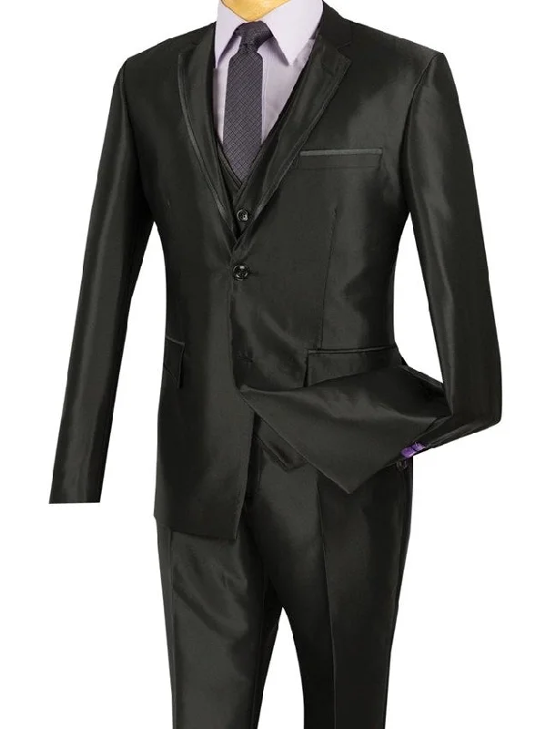 All-Day Wear Designed Shiny Sharkskin Suit Ultra Slim Fit 3 Piece in Black