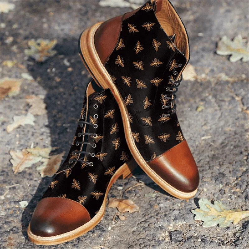 Classic Designs Men British Style Cap Toe Splicing Bees Printed Cloth Ankle Jack Boots Classic Designs Men British Style Cap Toe Splicing Bees Printed Cloth Ankle Jack Boots