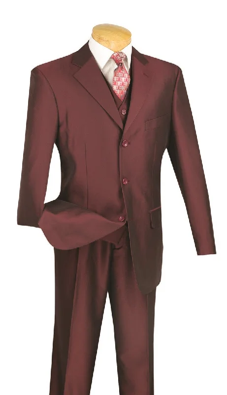 Formal Casuals Regular Fit Dress Suit 3 Piece 3 Button Shiny Sharkskin in Burgundy
