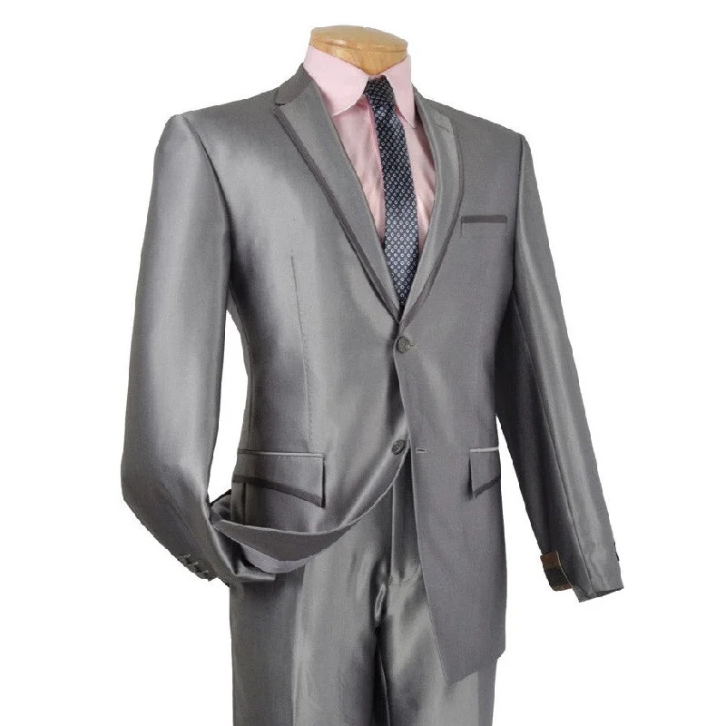 Lightweight Jackets Gray Slim Fit Men's Shiny Sharkskin Suit 2 Piece 2 Buttons Shark Skin