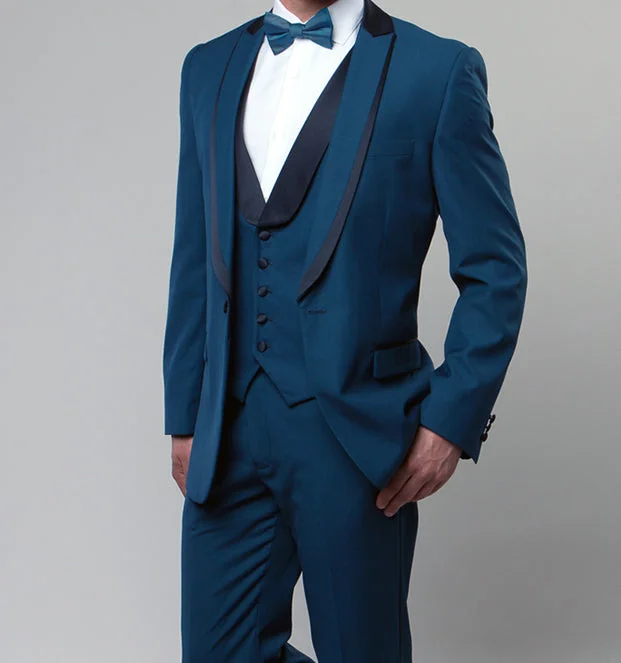 Comfy Pants Blue Slim Fit Tuxedo 3 Piece with Satin Shawl Collar Vest
