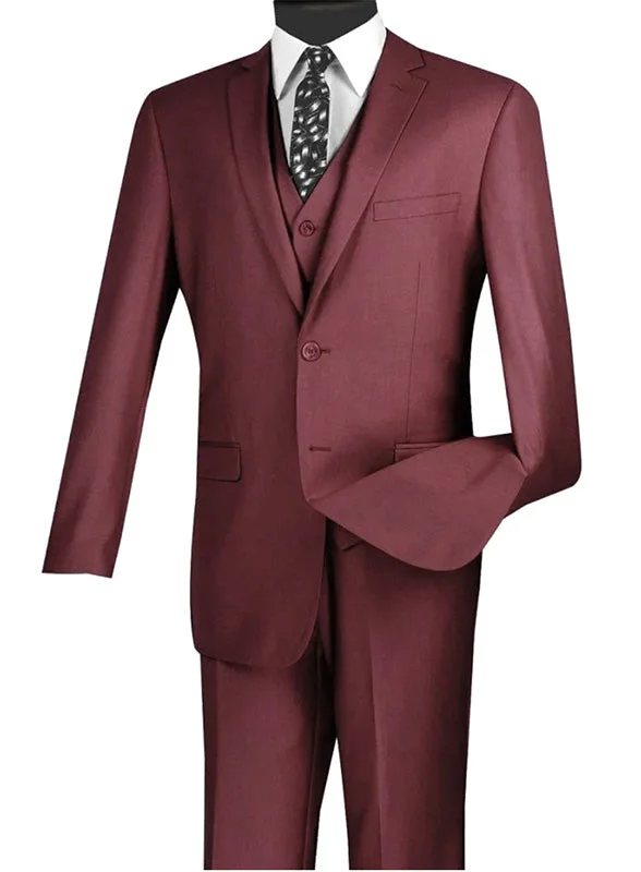 All-Weather Outfits Slim Fit Business Men's Suit 3 Piece 2 Button in Burgundy