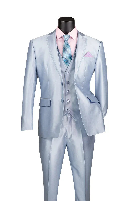 Fashionable Wear Slim Fit 3 Piece Satin Suit in Ice Blue