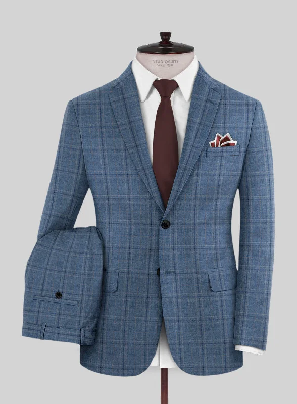 Comfortable Fits Reda Sky Blue Checks Wool Suit