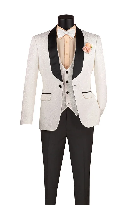 Layered Clothing Slim Fit Tuxedo 3 Piece with Jacquard Pattern in White