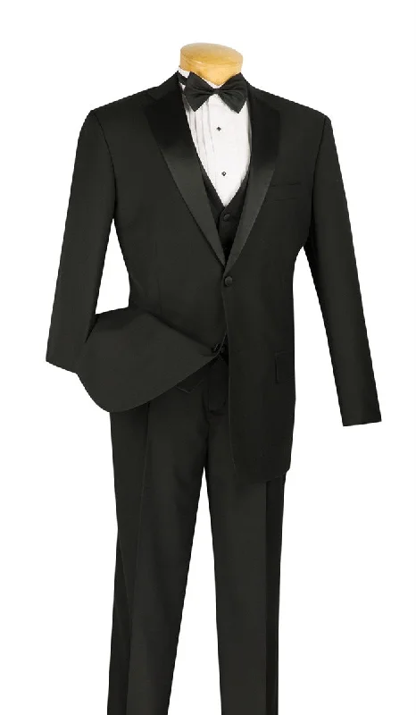 Office Outfits Santorini Collection - Regular Fit Black Tuxedo 4 Piece with Vest Bow Tie Adjustable Waistband