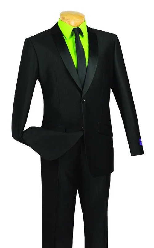 Fashion Tops Slim Fit Shiny Sharkskin Men's 2 Piece Suit in Black