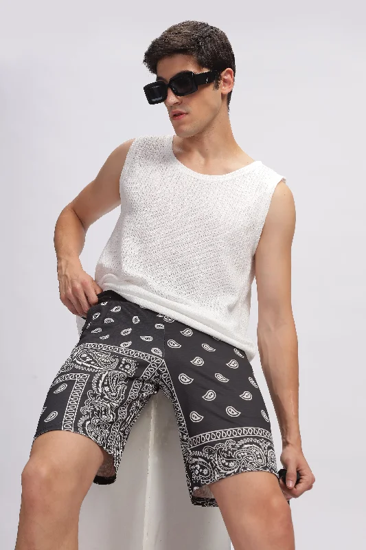 Soft Fabrics White Black Abstract Printed Summer Short