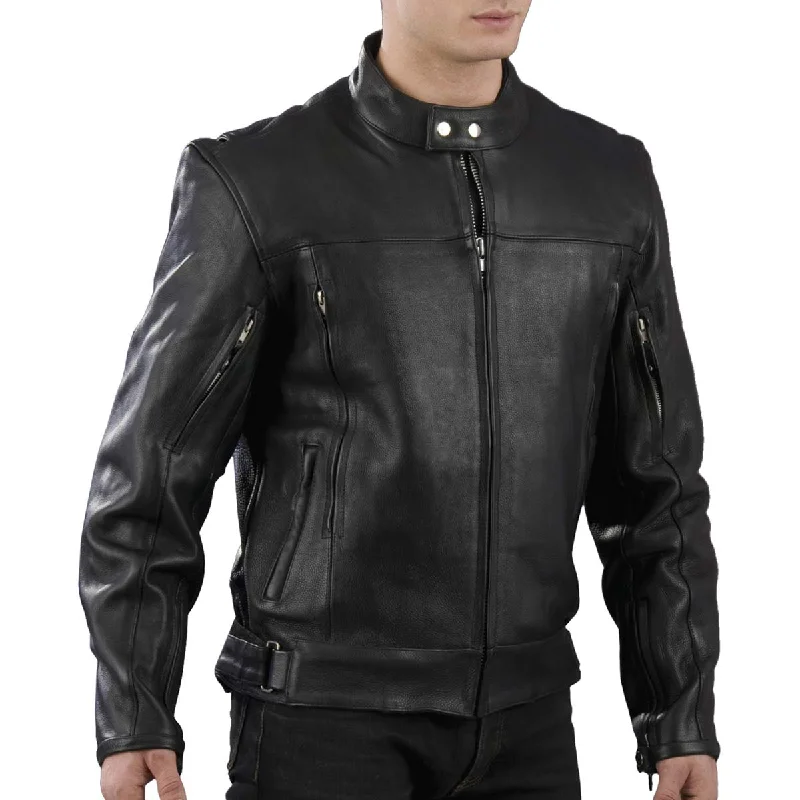 Lightweight Tops Genuine Leather EL1409 Men's Black Leather Vented Mandarin Collar Racer Jacket