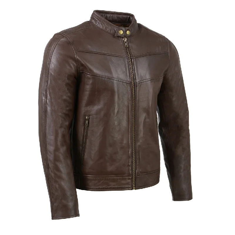 Stylish Jeans Milwaukee Leather SFM1835 Men's Brown ‘Cafe Racer’ Leather Jacket with Snap Button Collar Stylish Jeans Milwaukee Leather SFM1835 Men's Brown ‘Cafe Racer’ Leather Jacket with Snap Button Collar