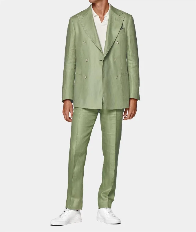 Casual Shirts Linen Fashion Double Breasted Peak lapel for Men Solid Suit(Blazer+Pants)