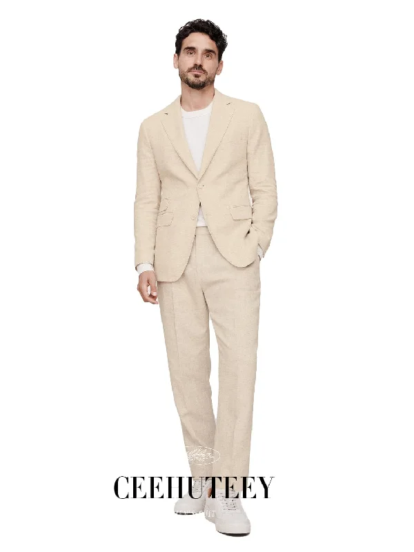 Smart Suits Men's Notch Lapel Slim Fit Cotton-Linen Jacket (Blazer+Pants)