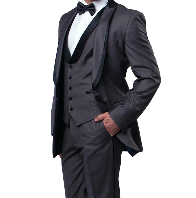 Fashion Tops (42L) Gray Slim Fit Tuxedo 3 Piece with Satin Shawl Collar Vest
