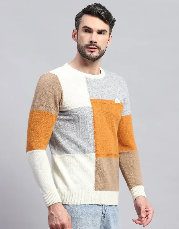 Everyday Apparel Men Off White Colourblocked Round Neck Full Sleeve Pullover