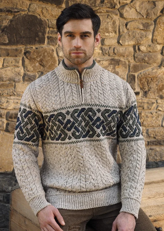 Relaxed Looks Aran Crafts Celtic Jacquard Zip Sweater | Oatmeal