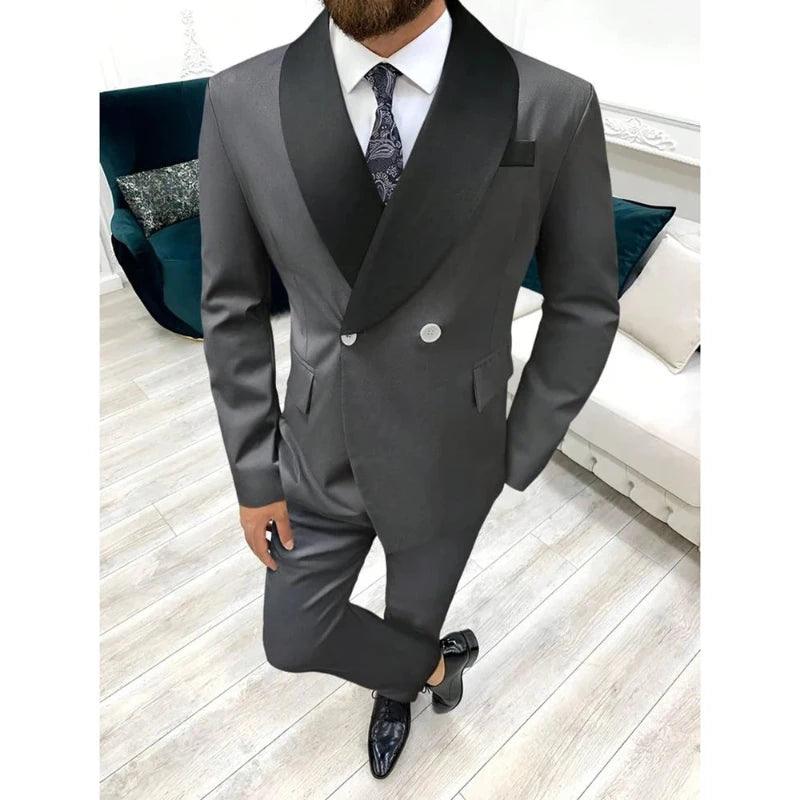 All-Weather Outfits Dark Grey Men's Suits Black Shawl Lapel Double