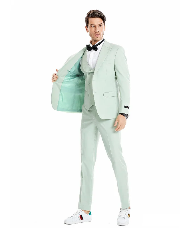 Minimal Apparel (40R) Mint Solid Color 3 Piece Slim Fit Suit 2 Button Peak Lapel