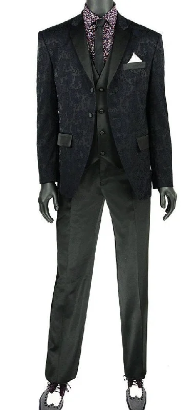Comfort Jackets Slim Fit 3 Piece Tuxedo with Jacquard Pattern in Black