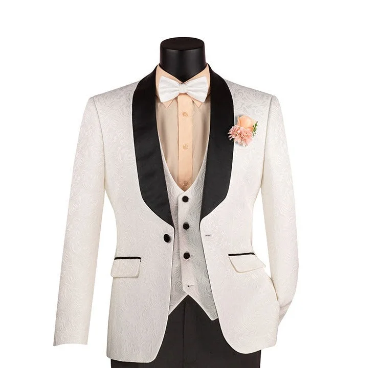 Fashionable Wear (38R) Slim Fit Blazer with Jacquard Pattern in White