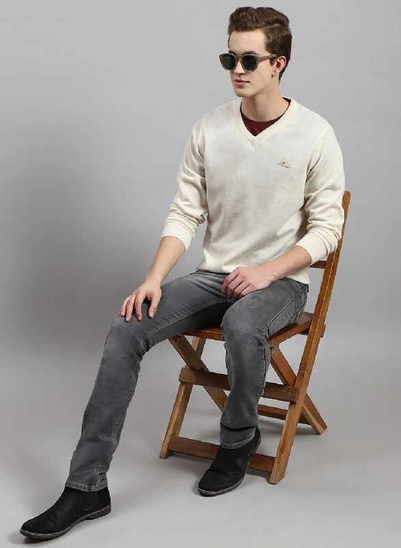 Layered Styles Men Cream Solid Wool blend Pullover