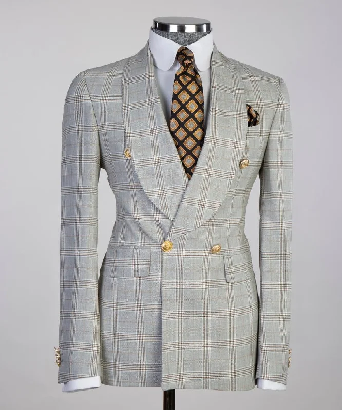 Chic Styles Light Grey Double-Breasted Check Suit