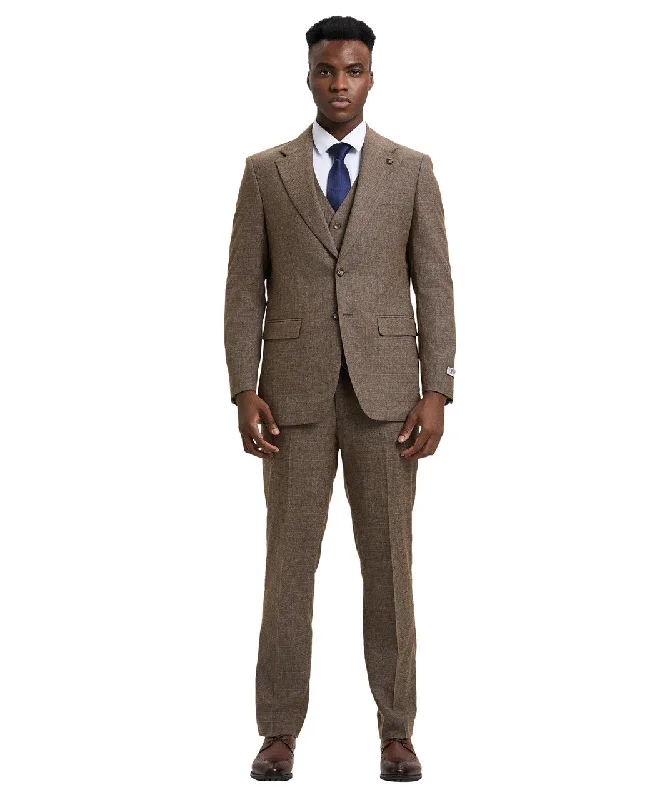 Winter Outfits Stacy Adams - 3 Piece Suit Glen Plaid Hybrid Fit Notch Lapel in Brown with Adjustable Waistband Winter Outfits Stacy Adams - 3 Piece Suit Glen Plaid Hybrid Fit Notch Lapel in Brown with Adjustable Waistband