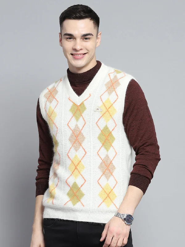 Cool Bottoms Men Off White Self Design V Neck Sleeveless Sweater