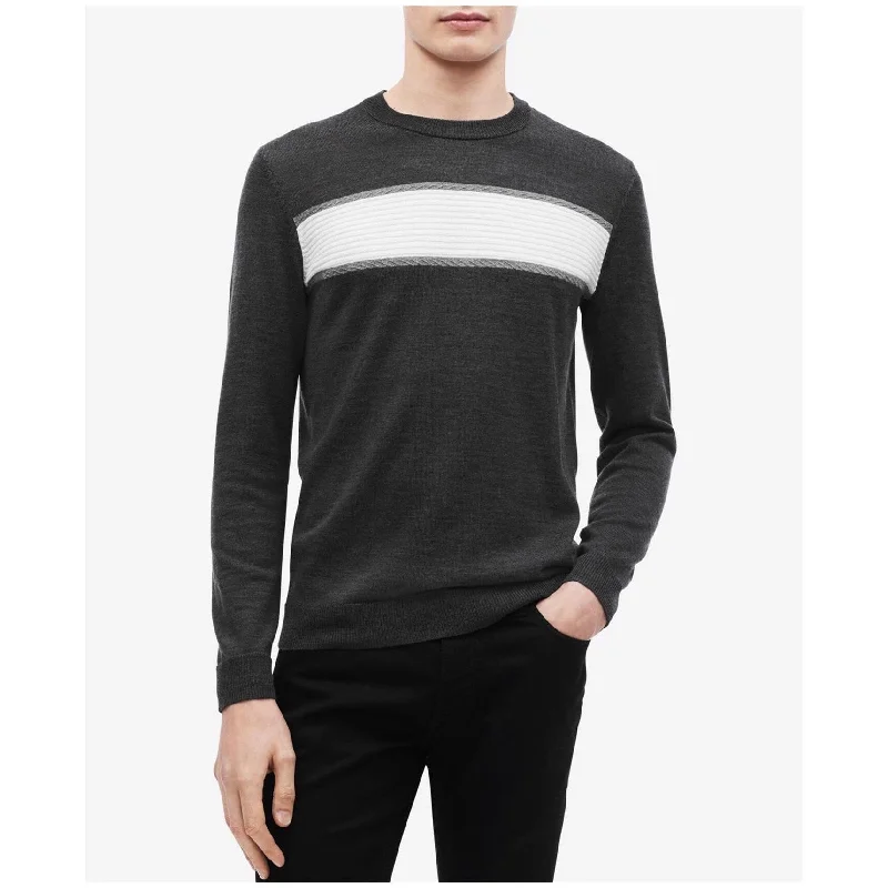 Cozy Jackets Calvin Klein Mens Chest Stripe Pullover Sweater, Grey, Large