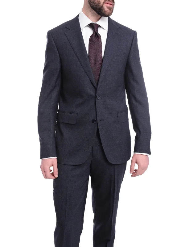 Urban Outfits Napoli Slim Fit Navy Blue Textured Check Two Button Half Canvassed Wool Suit Urban Outfits Napoli Slim Fit Navy Blue Textured Check Two Button Half Canvassed Wool Suit
