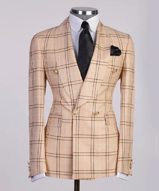 Designer Pieces Beige Double-Breasted Check Suit