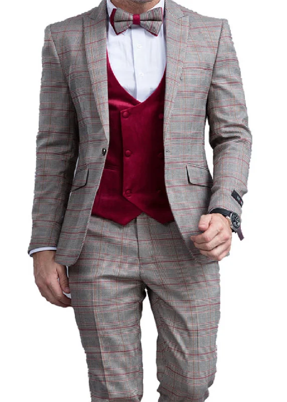Lightweight Tops Burgundy Slim Fit Tuxedo 4 Piece Glen Plaid with Bow Tie