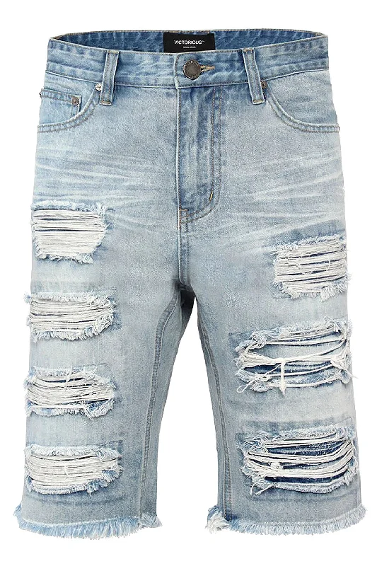 Sporty Jackets Distressed Repaired Denim Shorts