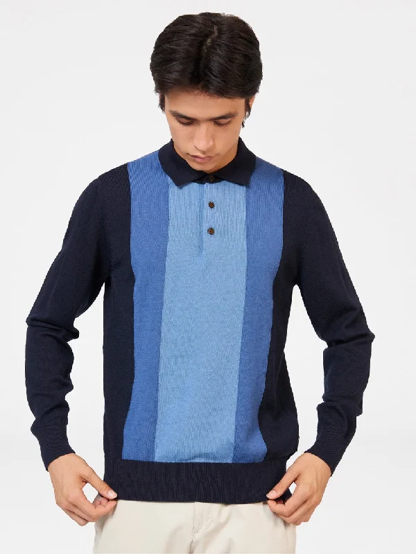 Fashion Pants Block Stripe Merino Knit Polo - Dark Navy