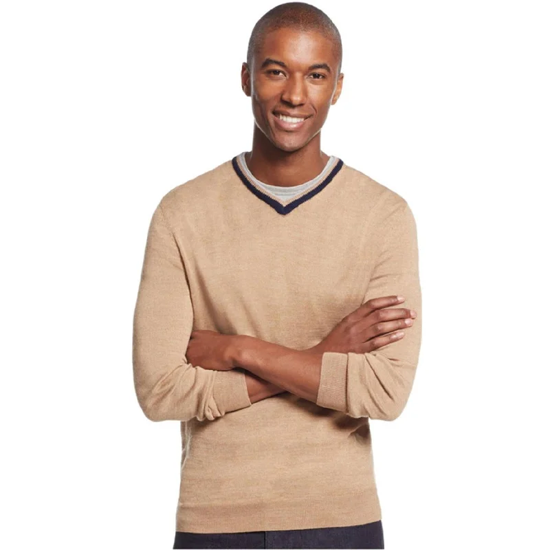 Athletic Outfits Club Room Mens Merino Wool V-Neck Pullover Sweater, Brown, Big 2X