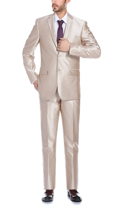 Comfort Clothes Beige Slim Fit Sharkskin Italian Styled 2 Piece Suit