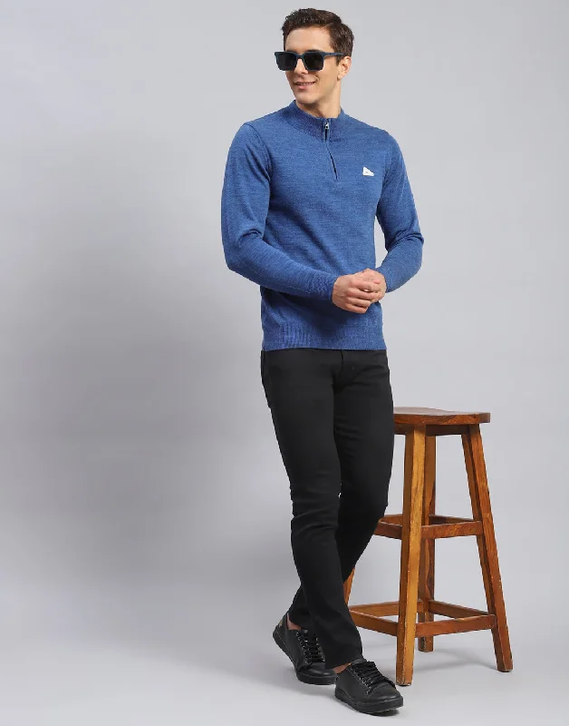 Designer Casuals Men Blue Solid High Neck Full Sleeve Pullover