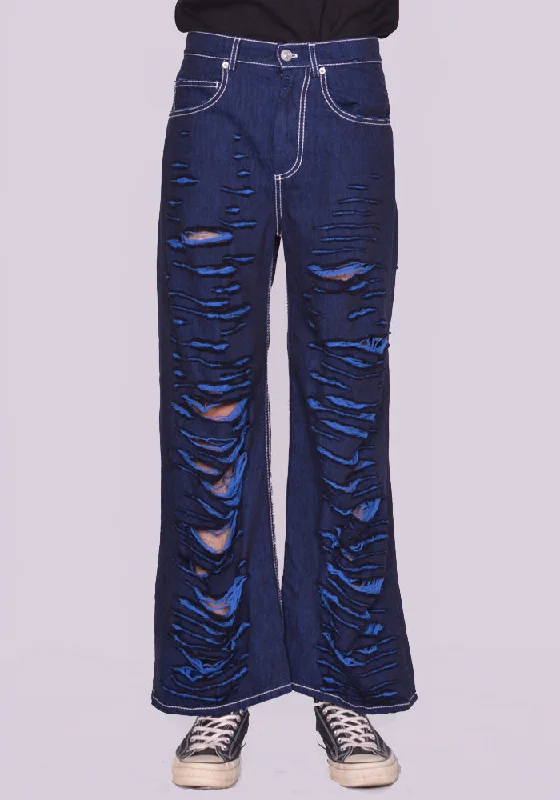 Layered Styles MARNI PUJU0060Y0 SLASHED WIDE DENIM TROUSERS BLUE