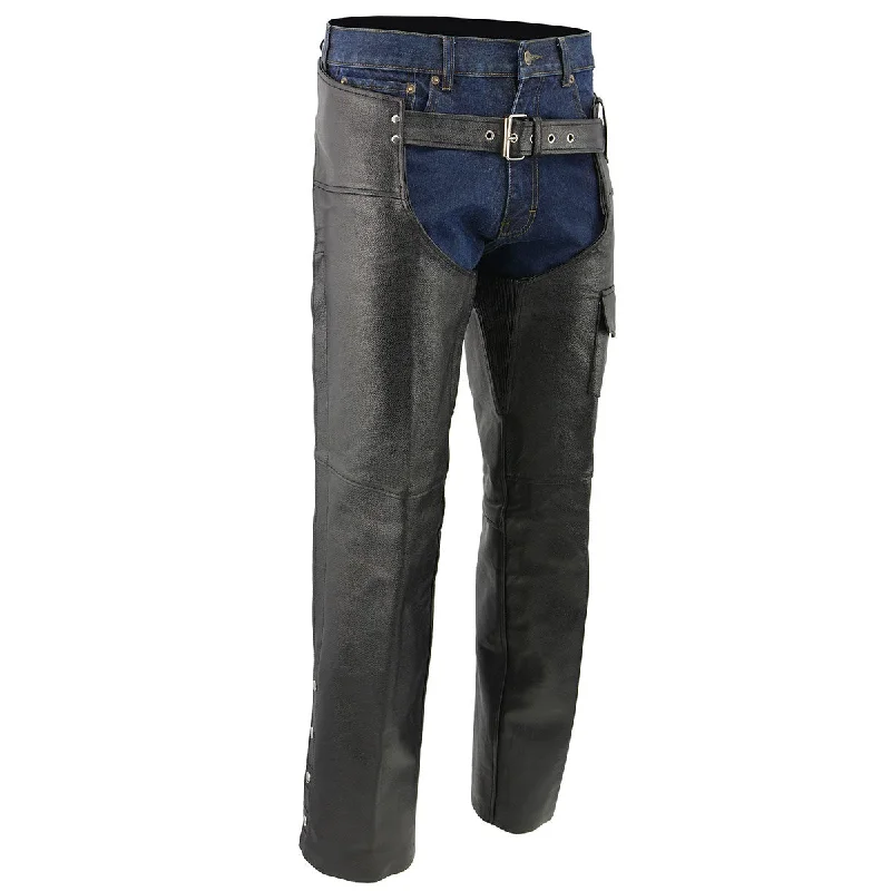 Minimal Apparel Men's XS405 Classic Black Thermal Lined Leather Motorcycle Chaps with Outside Flap Pocket